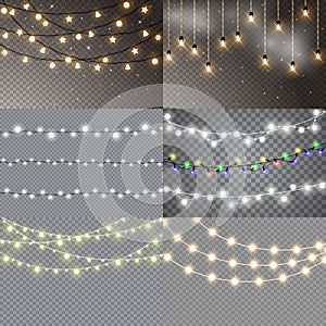 Set of christmas lights isolated realistic design elements.. Glowing lights for Xmas Holiday cards, banners, posters, web design.