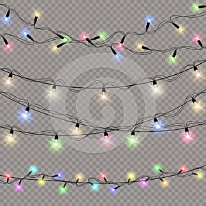 Set of christmas lights isolated realistic design elements. Glowing lights for Xmas Holiday cards, banners, posters, web design.