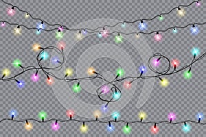 Set of christmas lights isolated realistic design elements. Glowing lights for Xmas Holiday cards, banners, posters, web design.