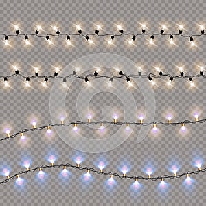 Set of christmas lights isolated realistic design elements. Glowing lights for Xmas Holiday cards, banners, posters, web design.