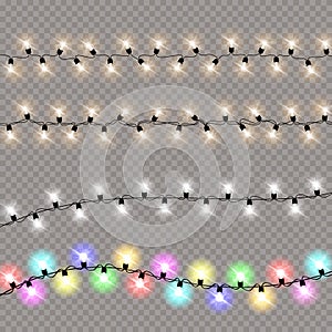 Set of christmas lights isolated realistic design elements. Glowing lights for Xmas Holiday cards, banners, posters, web design.
