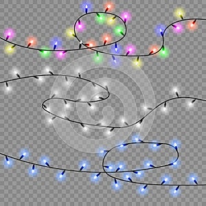 Set of christmas lights isolated realistic design elements. Glowing lights for Xmas Holiday cards, banners, posters, web design.