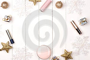 Set of Christmas make up cosmetics products. Flat lay.