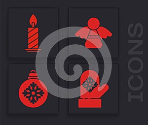 Set Christmas mitten, Burning candle in candlestick, Christmas angel and Christmas ball icon. Vector