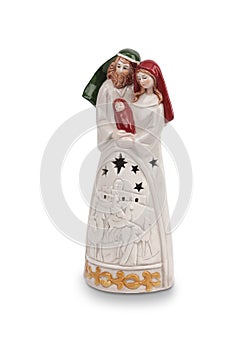 Set of Christmas nativity scene and angel figurines isolated on white background
