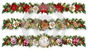 Set Christmas and New Year border decorations with garland, golden bells, Christmas flowers poinsettia etc. Design element for