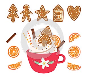 Set of Christmas and New Year cookies. Gingerbread man biscuit. Winter holidays hot cocoa drink in red cup. Isolated vector