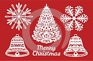 Set of Christmas or New Year decoration. Snowflakes, bells, Christmas tree. Templates for laser cutting, plotter cutting or printi