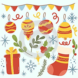 Set of Christmas or New Year decorative festive elements. Cute cozy hand drawn vector clip art.