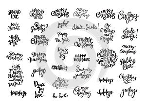 Set of Christmas and New Year design lettering. Handwritten XMAS wishes. Hand drawn signs for greeting card, invitation.
