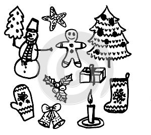 Set of Christmas and New Year elements hand drawn sketch brush isolate illustration