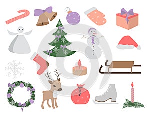 Set of Christmas and New Year elements, hand drawn style -animals and other elements. Vector illustration.