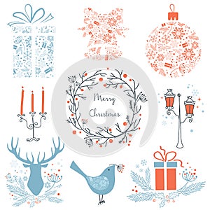 Set of Christmas and New Year graphic elements icons for your design. Christmas icons, signs, symbols. Deer, bird