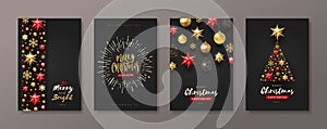 Set of Christmas and New Year greeting card.  Background with Christmas tree and decor. Vector illustration.