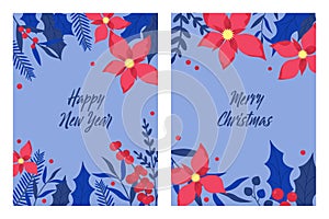 Set of Christmas and New Year greeting cards with blue and red decorative elements