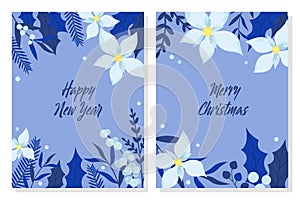 Set of Christmas and New Year greeting cards with blue and silver decorative elements