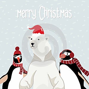 Set of Christmas and New Year greeting cards with penguin and white bear, polar bear.