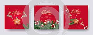 Set of Christmas and New Year greeting cards with xmas decoration.