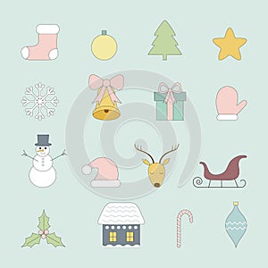 Set of Christmas New Year icons in pastel colors. Vector clipart for holiday banners greeting cards patterns wallpaper