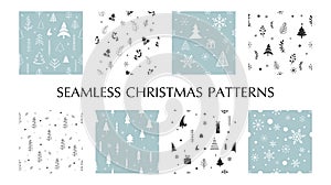 Set of Christmas and New Year`s seamless pattern background decorated with Christmas tree, Snowflakes, and Decorations.