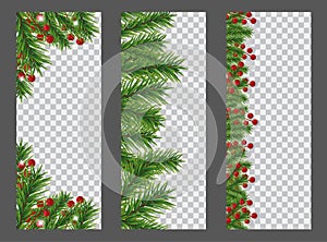 Set Christmas and New Year vertical banner with garland or border of Christmas tree branches and holly berries on transparent