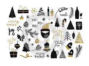 Set of christmas new year winter black icons with gold texture