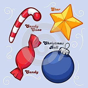 Set of Christmas Objects - Star, Ball, Candy, Cane. Detailed Ink Design.