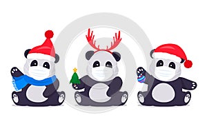 Set of Christmas pandas in Santa costume in medical protective masks