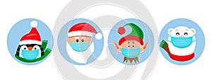 Set of christmas pandemic stickers. Santa Claus, penguin, elf, polar bear in medical protective masks