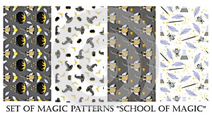 Set of Christmas patterns. Magic. Hogwarts School of Magic. Children`s and teenage style. Harry Potter and Gryffindorf