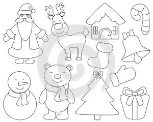 Set Christmas picture elements in black and white color vector illustration. Cute Santa Claus Christmas Tree Star Snowman Bear Hou