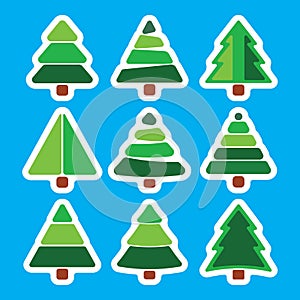 Set of Christmas Pine Tree isolated on blue background.