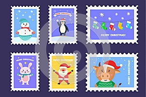 Set Christmas postage stamp, postmarks or stickers