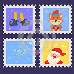 Set Christmas postage stamp, postmarks or stickers