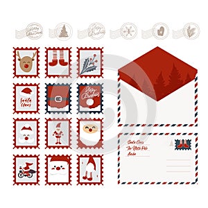 Set of Christmas postage stamps, stamps and envelopes