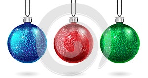 Set of Christmas red, blue and green ball isolated. Sparkling glitter bauble. Christmas and New Year bauble for cards