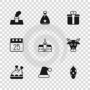 Set Christmas Santa Claus hat, Reindeer, toy, Church building, Gift box, chimney, bag gift and day calendar icon. Vector