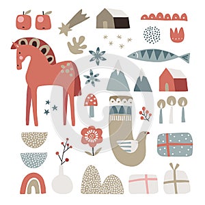 Set of Christmas Scandinavian animals and natural elements. Dala horse, dove bird, fish, gift boxes, flowers, candles