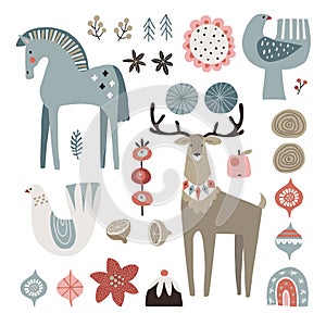 Set of Christmas Scandinavian animals and natural elements. Dala horse, dove birds, Christmas ornametns, flowers, fruit