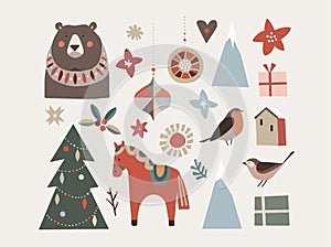 Set of Christmas Scandinavian animals and natural elements. Dala horse, finch birds, bearChristmas ornametns, tree and