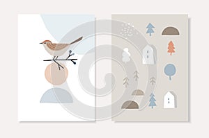 Set of Christmas Scandinavian greeting cards, invitations. Bird siting on bare branch. Abstract geometric shapes. Nordic