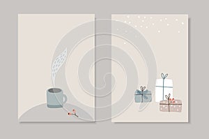 Set of Christmas Scandinavian greeting cards, invitations. Steaming cup of tea, coffee with berries. Gdecorative gft