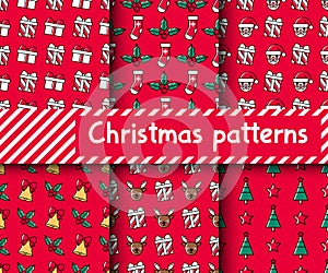 Set of Christmas seamless patterns set. Cute colorful festive red backgrounds for Christmas and New Year