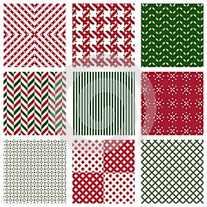 Set of Christmas seamless patterns in red, green and white. Holiday textures.