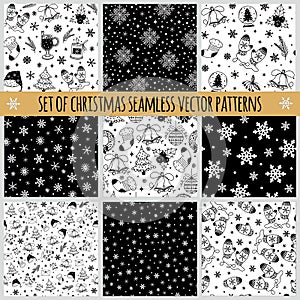 Set of Christmas seamless vector patterns. Hand-drawn festive illustrations. Seasonal monochrome backgrounds