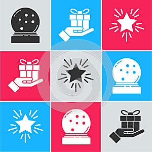 Set Christmas snow globe with fallen snow, Gift box in hand and Christmas star icon. Vector