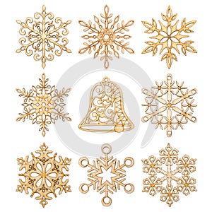 Set of Christmas snowflakes and hand bell shape decoration made wood