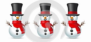 Set of Christmas snowmans with top hat and scarf isolated on white background. Vector illustration