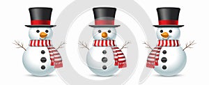 Set of Christmas snowmans with top-hat and striped scarf isolated on white background. Vector illustration