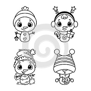 Set of Christmas snowmen, outline vector illustration